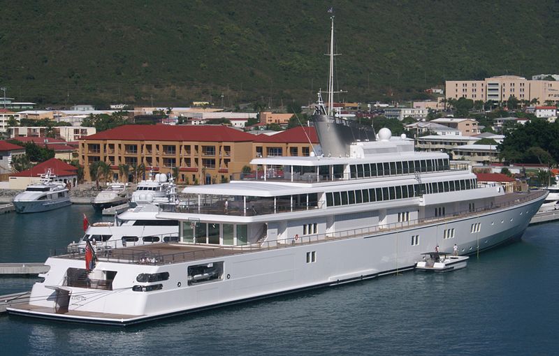 Larry Ellison's ginormous, multi-floor yacht in a harbor