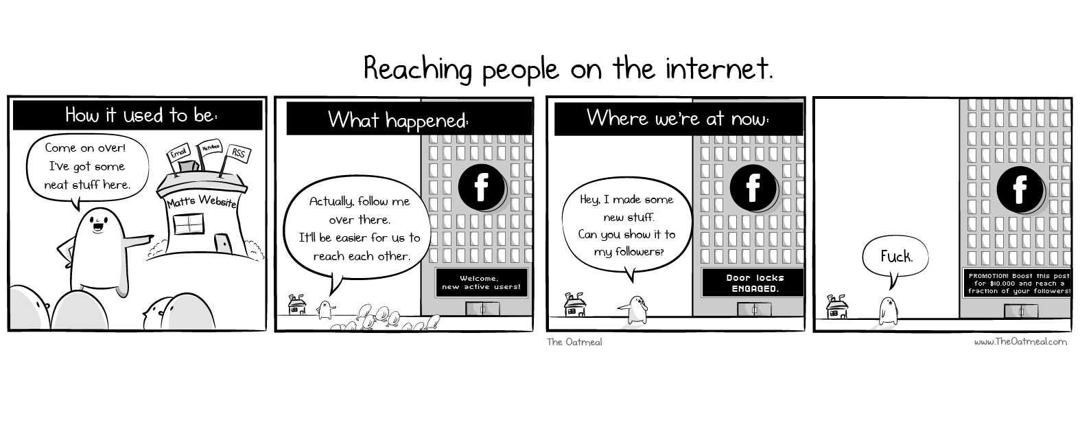 a slightly rearranged version of The Oatmeal's (linked) comic strip about Facebook