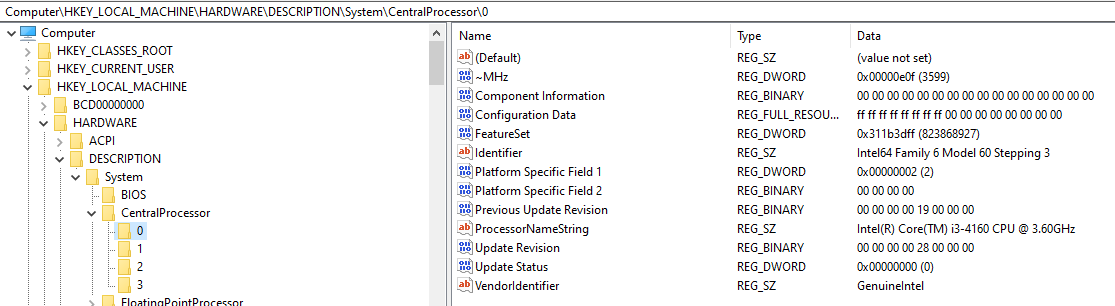 A screenshot from regedit, showing the part of the tree containing hardware info, including things about the CPU