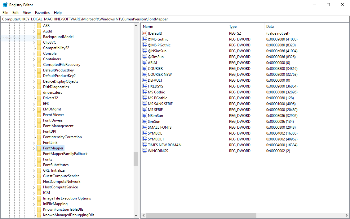 Screenshot of the Windows registry editor, with some font settings in the foreground