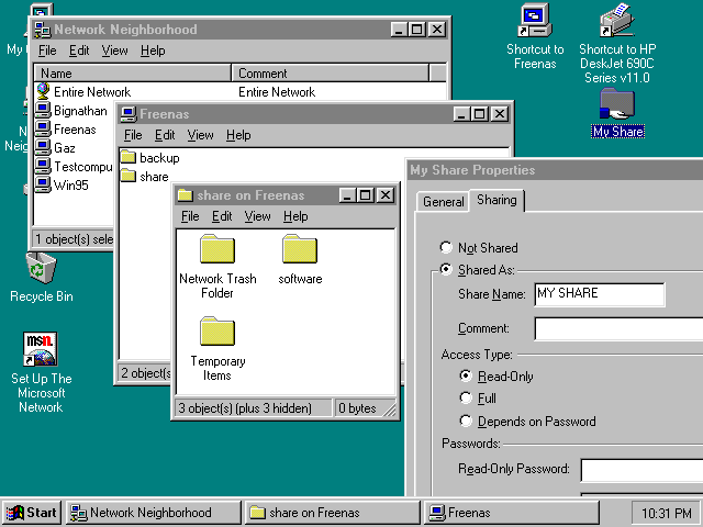 win95 file share dialog with a list of machines in the background