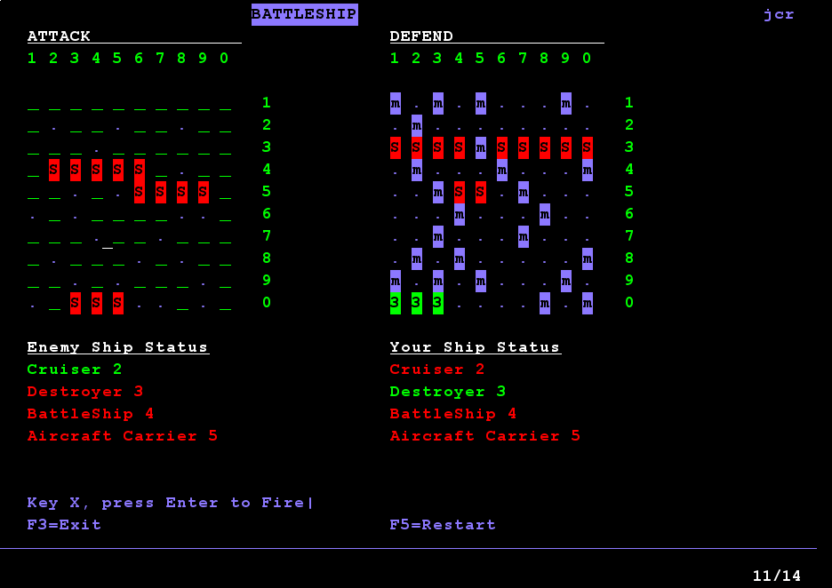 a screenshot of playing battleship (a text UI) on an as/400