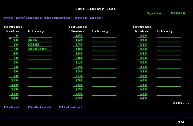 as/400 screen with a list of libraries to search