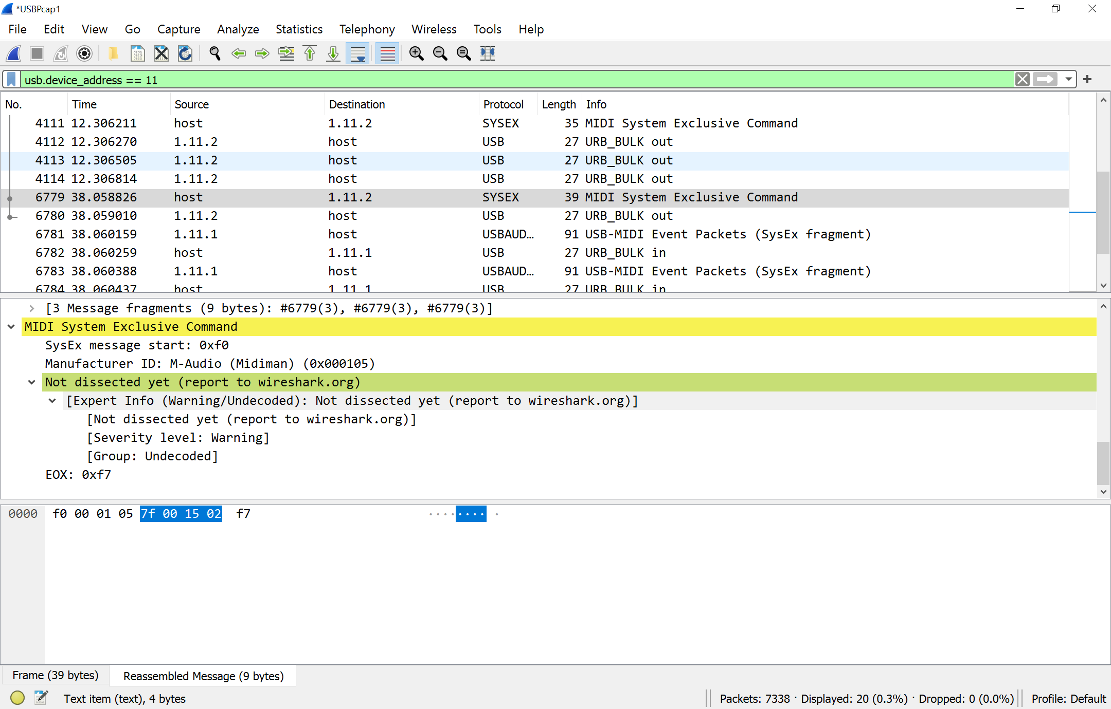 wireshark window, with a (short) request in hex