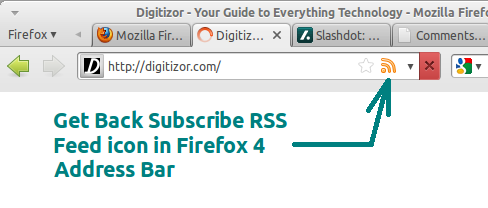 a screenshot of... Firefox 4.0? or before? with the RSS icon, an arrow pointing to it