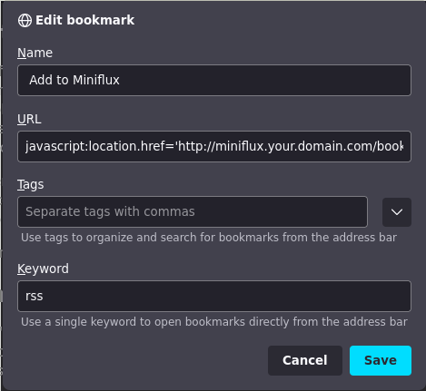 the Firefox 'edit bookmark' window, with the 'keyword' field filled out