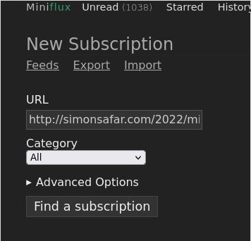 the Miniflux 'subscribe to new feed' page