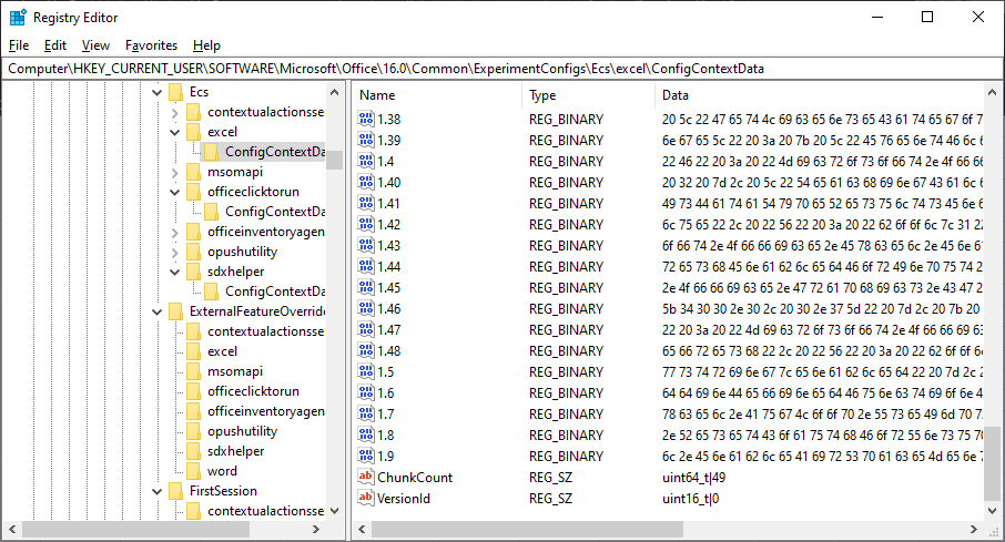 regedit showing HKCU\...\ExperimentConfigs\Ecs\excel\ConfigContextData