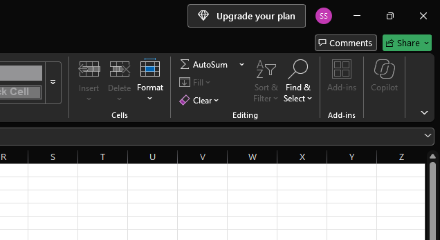 the Upgrade your plan button in the top right corner of excel